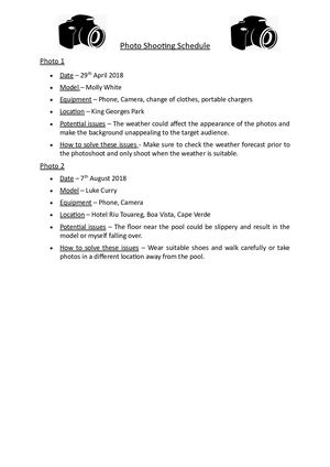 Photo Shooting Schedule