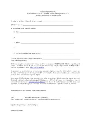 Autorisation Parentale Concours Paper Planes Teens English Prize 2019