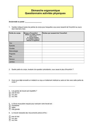 Démarche ergonomique - Questionnaire activités physiques