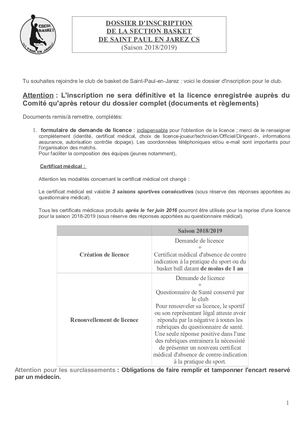 Dossier D'inscription Complet Basket 2018 2019