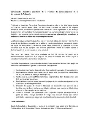Comunicado 4 de septiembre de 2018 - Facultad de Comunicaciones