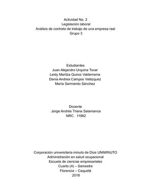 Actividad No 2 Análisis De Contrato De Trabajo De Una Empresa Real Por Juan Alejandro Urquina Tovar Uniminuto Ct Florencia Caqueta