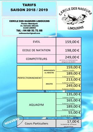 Tarif 2018 2019 Cercle nageurs limouxins