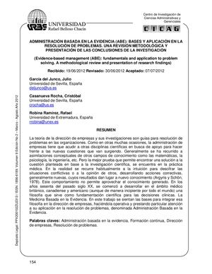 ADMINISTRACIÓN BASADA EN LA EVIDENCIA (ABE): BASES Y APLICACIÓN EN LA RESOLUCIÓN DE PROBLEMAS. UNA REVISIÓN METODOLÓGICA Y PRESENTACIÓN DE LAS CONCLUSIONES DE LA INVESTIGACIÓN