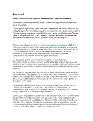 (Texto Original) Medio Ambiente Afronta Sin Prejuicios La Evaluación De Intu Mediterráneo