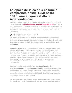 La éPoca De La Colonia Española Comprende Desde 1550 Hasta 1810