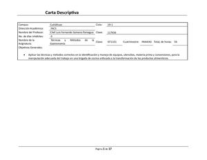 Carta descriptiva de técnicas y métodos de la gastronomía, GT1101, Miércoles