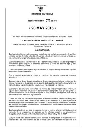 Decreto 1072 De 2015 ÚNico Reglamentario Del Sector Trabajo