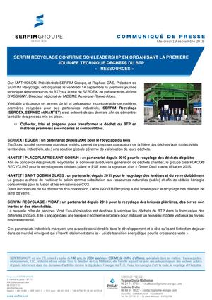COMMUNIQUÉ SERFIM - SERFIM RECYCLAGE CONFIRME SON LEADERSHIP EN ORGANISANT LA PREMIERE JOURNEE TECHNIQUE RESSOURCES DU BTP