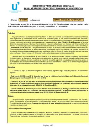 Orientaciones Selectividad Lengua Castellana