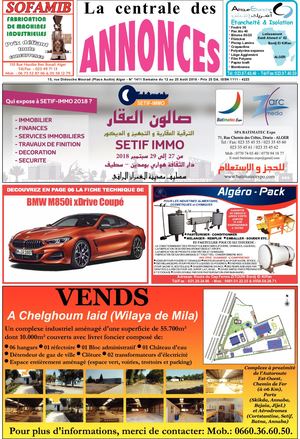 La Centrale des Annonces N° 1411 Semaine du 12 au 25 Août 2018 - Prix 25 DA. ISSN 1111 - 4223