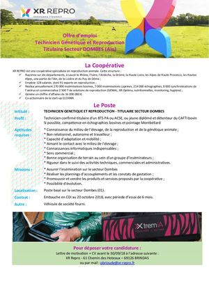2018 09 - Offre D'emploi XR REPRO - Inséminateur Titulaire Du Secteur DOMBES