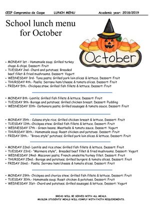 October 2018 Menu
