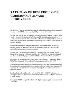 Plan De Desarrolo De Alvaro Uribe Velez