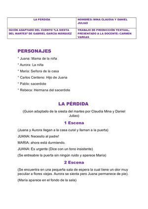 Guión: Adaptado de "La siesta del martes" del autor Gabriel García Márquez