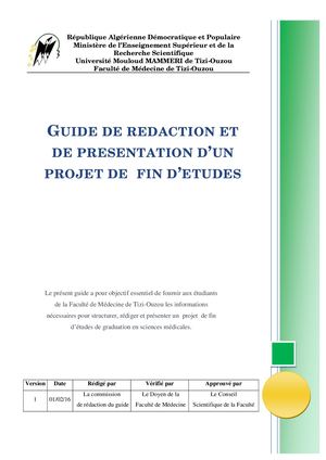 Guide de Rédaction de Mémoire de fin d'etude, Faculté de médecine, Uiversité Mouloud MAMMER de Tizi-Ouzou