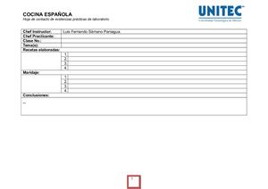 Cocina española, Hoja de contancto de evidencias prácticas de laboratorio, UNITEC, 2018