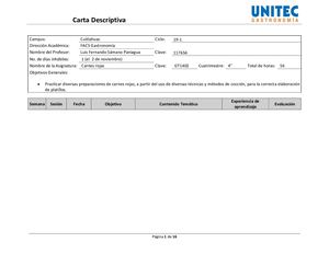Carta Descriptiva Carnes Rojas, Unitec, 2018