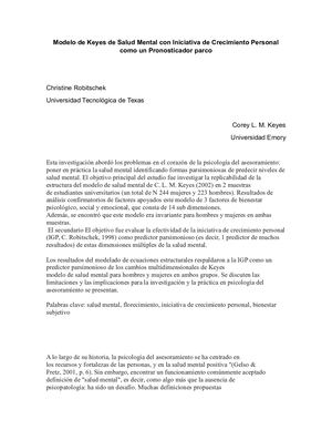 Modelo De Keyes De Salud Mental Con Iniciativa De Crecimiento Personal Como Un Pronosticador Parco