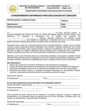 Consentimiento Informado Para Realización De Curación