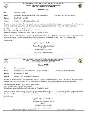 Circular Nº 29 Reunión Estamentos Del Gobierno Escolar