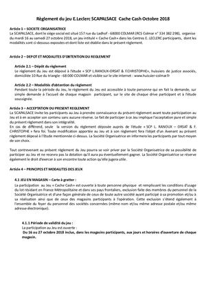 Règlement Du Jeu Cache CaSh Octobre 2018