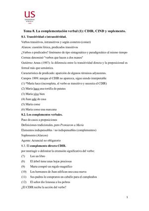 Tema 8. La complementación verbal (1): CDIR, CIND y suplemento.