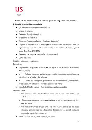 Tema 10. La oración simple: activas, pasivas, impersonales, medias.