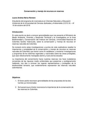 Conservación Y Manejo De Recursos En Reservas