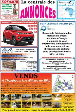 La Centrale des Annonces  N° 1415 Semaine du 07 au 20 Octobre 2018 - Prix 25 DA. ISSN 1111 - 4223
