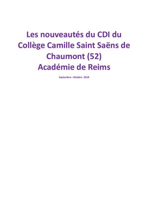 Nouveautés Septembre - Octobre 2018