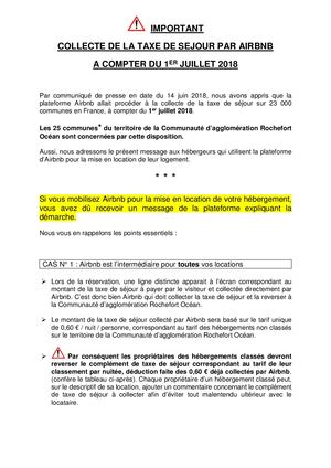 Collecte de la Taxe de séjour par AirBNB au 1er juillet  2018