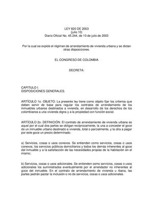 1072 Ley 820 De 2003 Regimen De Arrendamiento