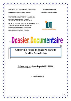 DOSSIER DOCUMENTAIRE: AIDE MÉNAGÈRE DANS LA FAMILLE BAMAKOISE