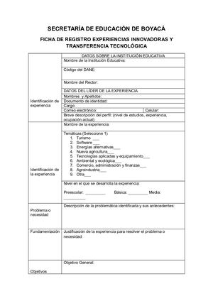 Ficha De Experiencias Innovadoras Y Transferencia Tecnológica