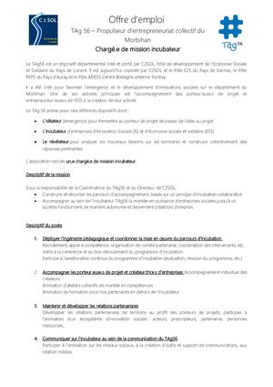 Offre D'emploi Charge Mission Incubateur Tag56