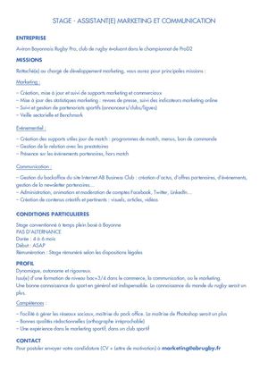 Offre De Stage Aviron Bayonnais Rugby Pro