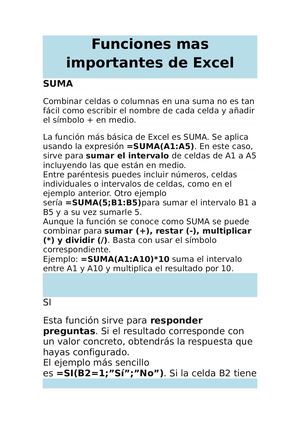 Funciones Mas Importantes De Excel