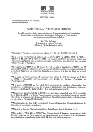 ENQUETE PUBLIQUE RELATIVE A UNE DEMANDE DE RENOUVELLEMENT D'AUTORISATION DE 2 AMENAGEMENTS HYDROELECTRIQUES