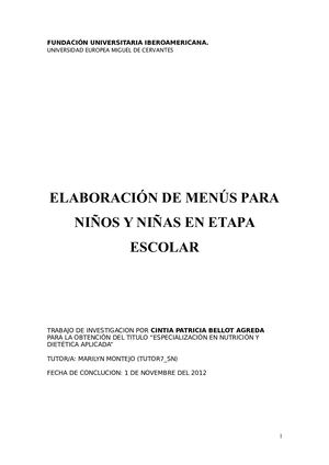Elab. de Menús para niños y niñas en Etapa Escolar