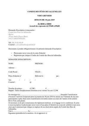 Fiche D'inscription Foire à Tout 30 Juin 2019