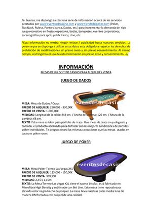 Información Precios Alquiler Mesas Eventosdecasino