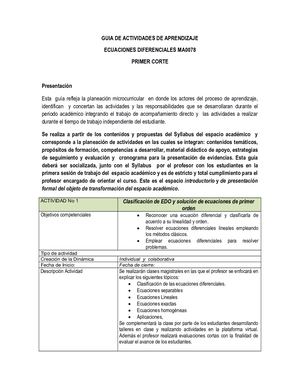 Guia De Aprendizaje Ma0078 Ecuaciones Diferenciales Corte I