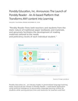 Ponddy Education, Inc Announces The Launch Of Ponddy Reader
