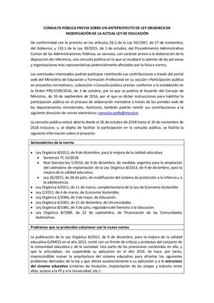 Anteproyecto De Ley Organica De Modificacion De La Actual Ley De Educacion