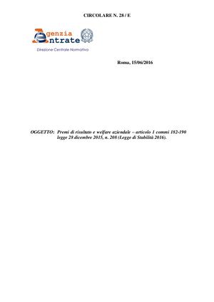 Circolare Agenzia Entrate N 28e Del 15 Giugno 2016