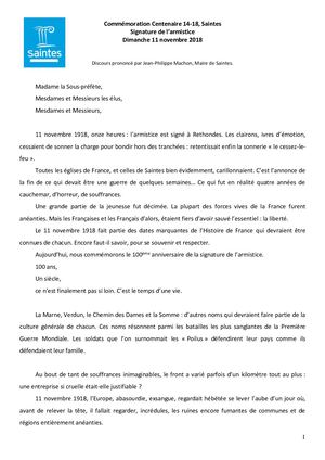 Discours Maire - Commémoration 11 novembre