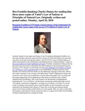 Benjamin Franklin Thanks Charles Dumas For Copies of Vattel's Treatise - The Law of Nations Or Principles Of Natural Law