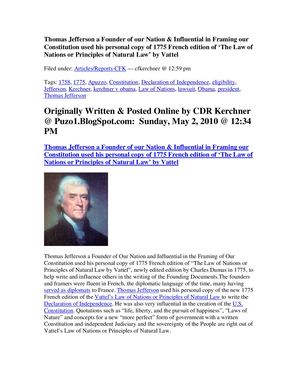 Thomas Jefferson Used Vattel's Law Of Nations To Help With Writing Founding Documents