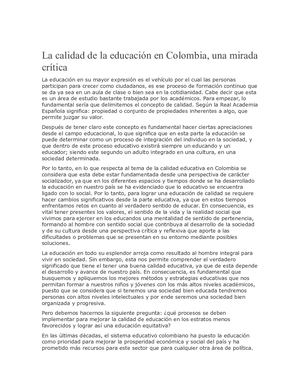 La Calidad De La Educación En Colombia Adriana Lascano